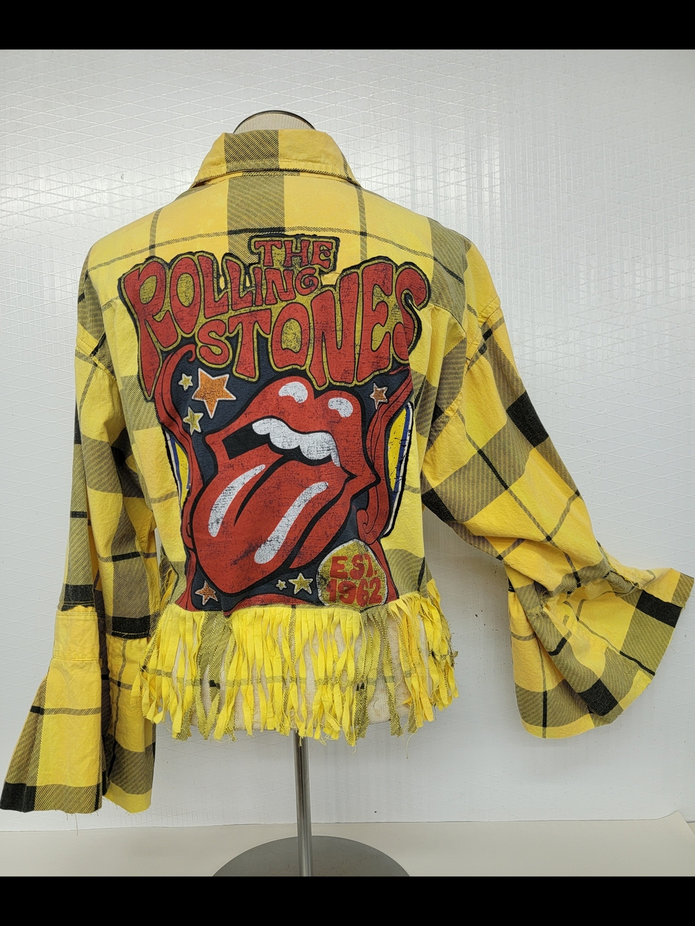 The Rolling Stones Plaid Fringe Shirt     Jacket Shacket  Upcycled